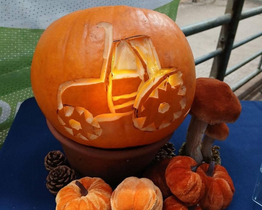 Tractor carved pumpkin